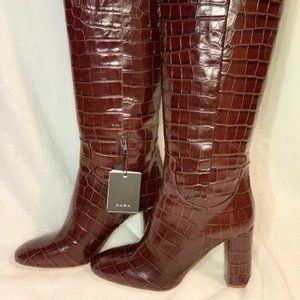 ZARA BROWN THIGH HIGH LEATHER HEELED BOOTS